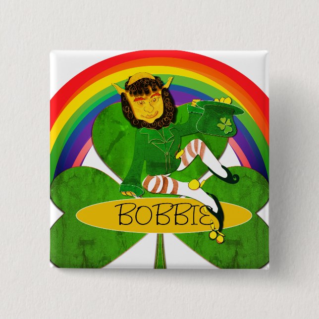 Badge Carré 5 Cm Bouton Nom du Shamrock Leprechaun (Devant)