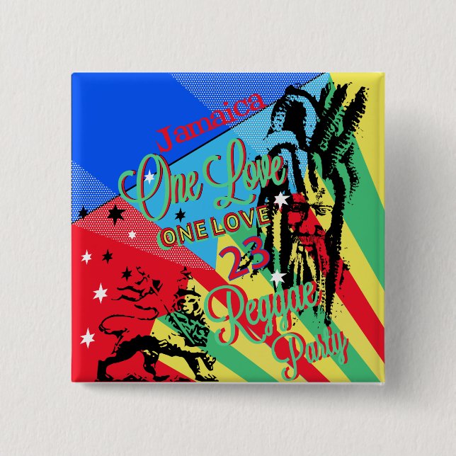 Badge Carré 5 Cm Bouton One Love Reggae Party (Devant)