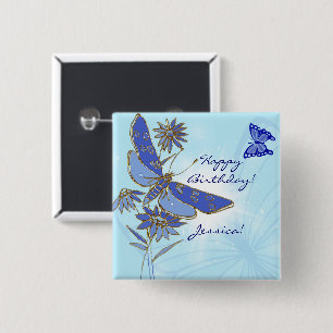 Badge Carré 5 Cm Bouton Papillon bleu