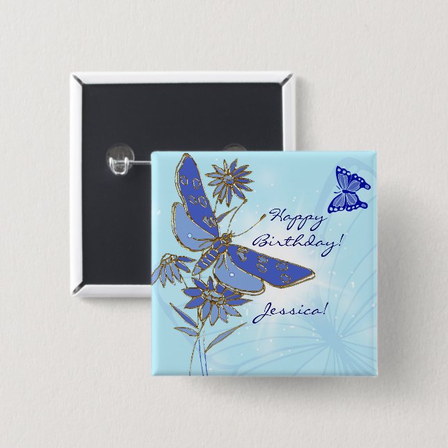 Badge Carré 5 Cm Bouton Papillon bleu (Devant & derrière)