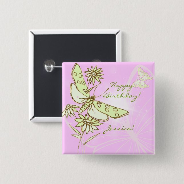 Badge Carré 5 Cm Bouton papillon Citron rose LIme (Devant & derrière)