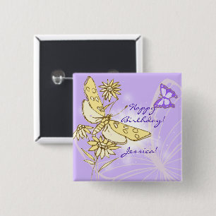 Badge Carré 5 Cm Bouton Papillon Peach Purple
