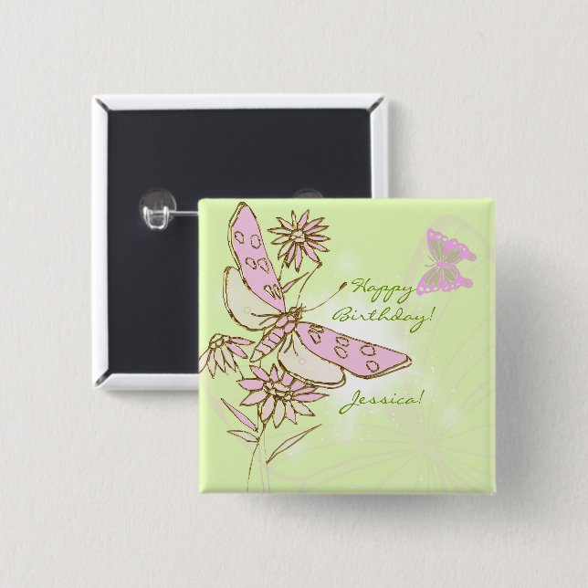 Badge Carré 5 Cm Bouton papillon rose citron citron (Devant & derrière)