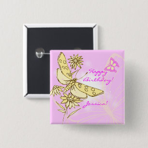 Badge Carré 5 Cm Bouton Papillon rose Peach