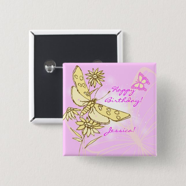 Badge Carré 5 Cm Bouton Papillon rose Peach (Devant & derrière)