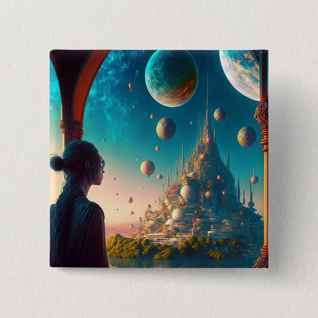 Badge Carré 5 Cm Bouton paysage de château d'Imaginaire futuriste (Devant)