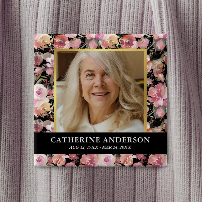 Badge Carré 5 Cm Bouton photo Pink Floral Funeral (Créateur téléchargé)