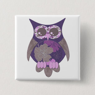 Badge Carré 5 Cm Bouton pourpre de hibou de ketmie