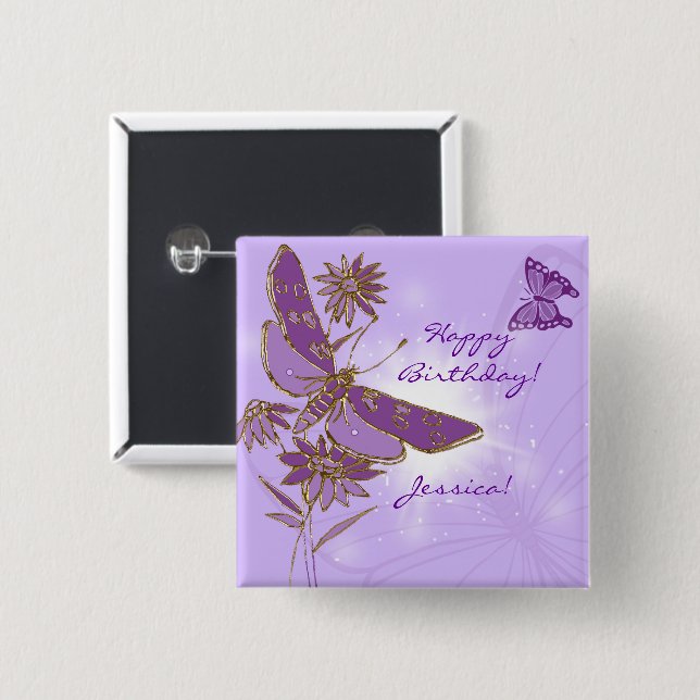 Badge Carré 5 Cm Bouton pourpre de papillon (Devant & derrière)