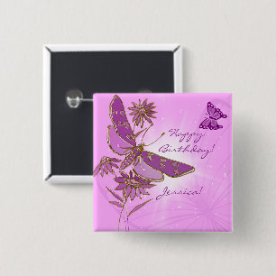 Badge Carré 5 Cm Bouton pourpre rose de papillon