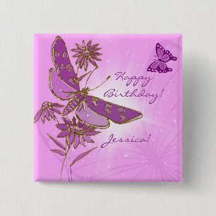 Badge Carré 5 Cm Bouton pourpre rose de papillon