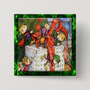 Badge Carré 5 Cm Bouton Présent De Joyeux Elfes Enveloppant