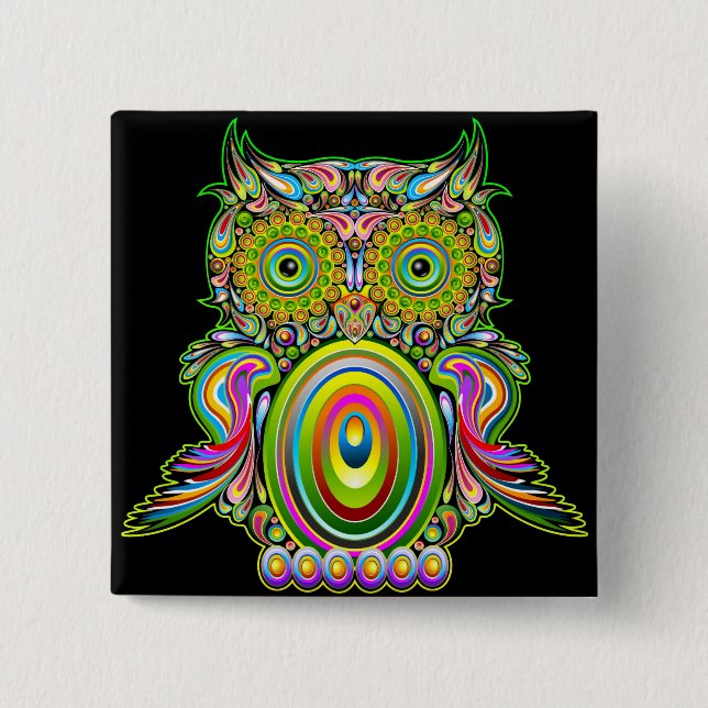 Badge Carré 5 Cm Bouton psychédélique de Popart de hibou (Devant)