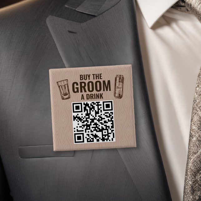Badge Carré 5 Cm Bouton QR Code pour Offrir un Verre au Marié (Buy the Groom To Be a Drink Bachelor Party Square QR Code Button)