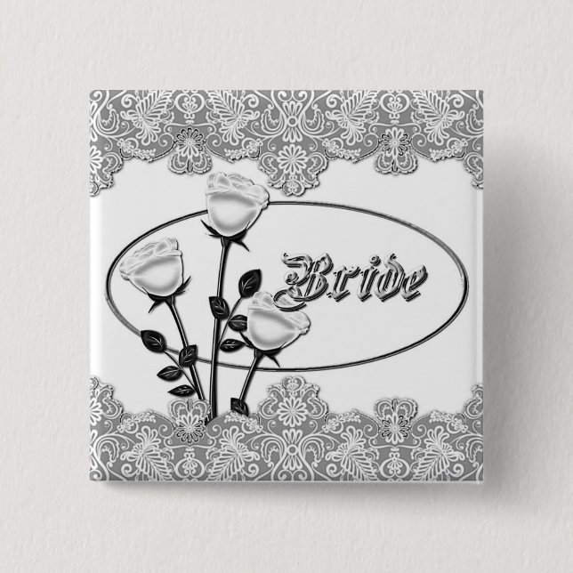 Badge Carré 5 Cm Bouton Roses blanches et Bride dentelle (Devant)