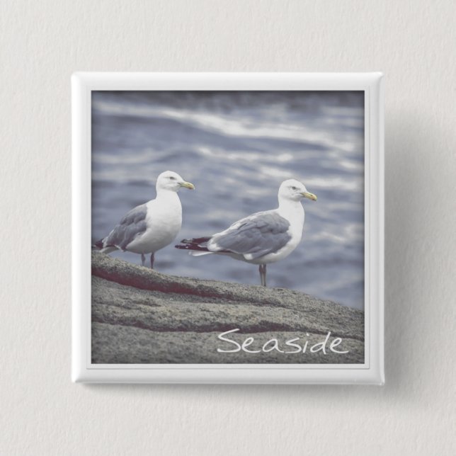 Badge Carré 5 Cm Bouton Seagulls en bord de mer (Devant)