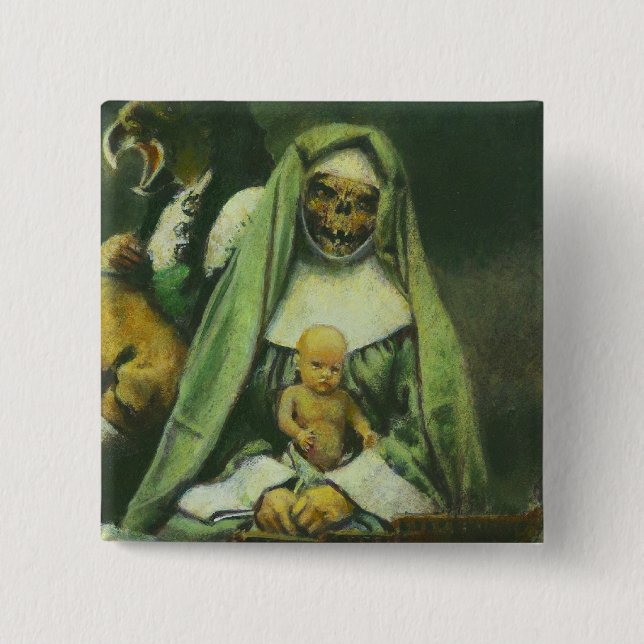 Badge Carré 5 Cm Bouton Sorcière Zombie (Devant)