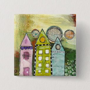Badge Carré 5 Cm bouton surréaliste de "trois maisons"