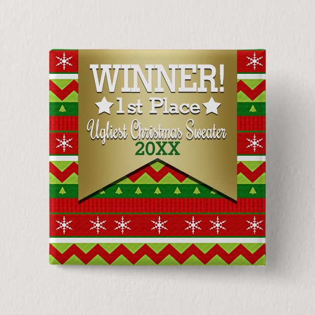 Badge Carré 5 Cm Bouton vainqueur moche du pull de Noël (Devant)