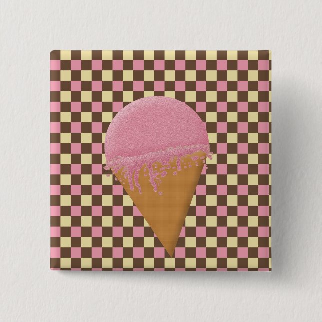 Badge Carré 5 Cm Boutons de cône de crème glacée fraise (Devant)