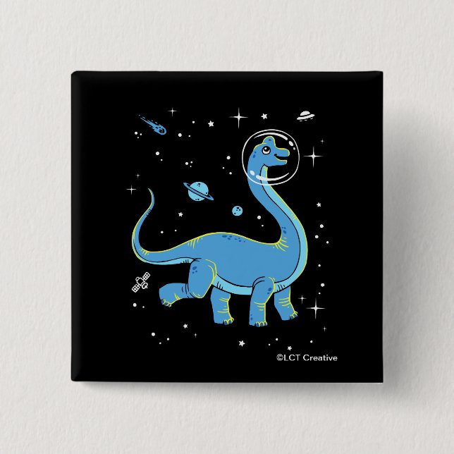 Badge Carré 5 Cm Brachiosaurus Bleu Dinos Dans L'Espace (Devant)
