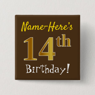 Badge Carré 5 Cm Brown, Faux Gold 14e anniversaire, avec nom person