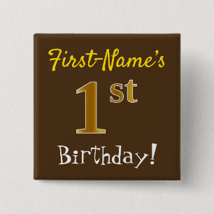 Badge Carré 5 Cm Brown, Faux Gold 1er Anniversaire, Avec Nom Person