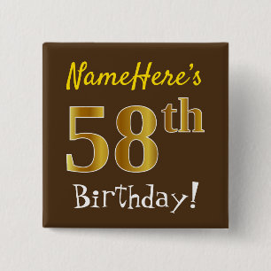 Badge Carré 5 Cm Brown, Faux Gold 58ème Anniversaire, Avec Nom Pers