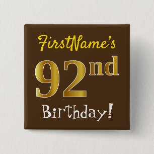 Badge Carré 5 Cm Brown, Faux Gold 92e Anniversaire, Avec Nom Person