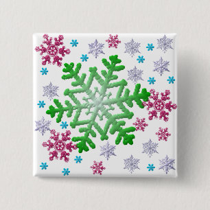 Badge Carré 5 Cm Burgundy Blue Green & Silver Snowflakes