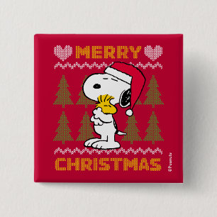 Badge Carré 5 Cm cacahuètes Snoopy & Woodstock Santa Claus Hug