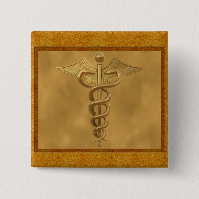 Badge Carré 5 Cm Caducée Médicale d'or (Devant)