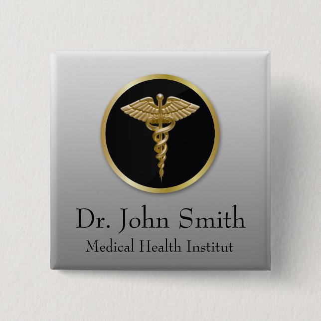 Badge Carré 5 Cm Caducée Médicale d'or - bouton (Devant)