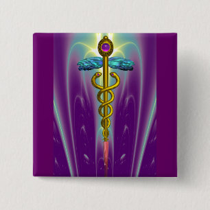 Badge Carré 5 Cm CADUCEUS, améthyste d'or vibrant