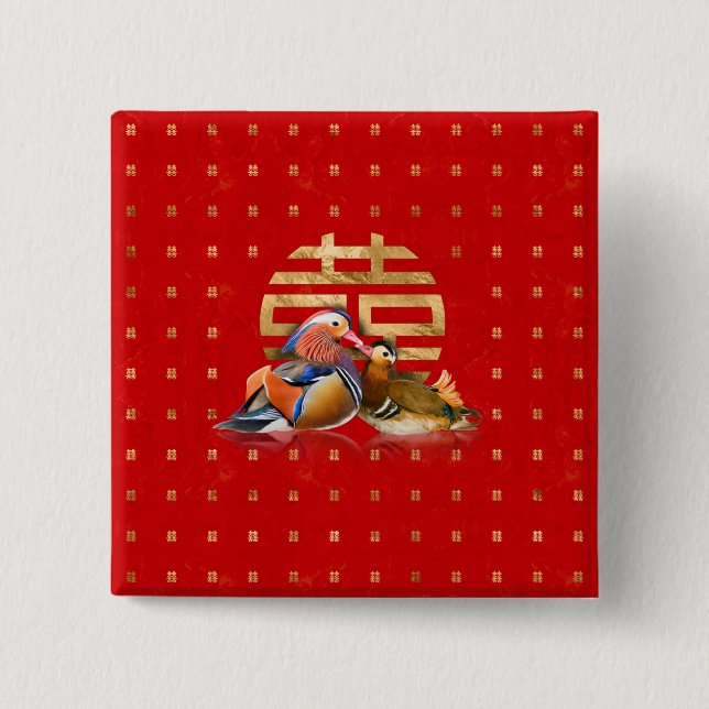Badge Carré 5 Cm Canards mandarins et bonheur double sur rouge (Devant)