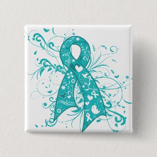 Badge Carré 5 Cm Cancer de l'ovaire Florifères Ruban