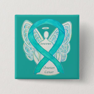 Badge Carré 5 Cm Cancer de l'ovaire Sensibilisation Turquoise Ruban