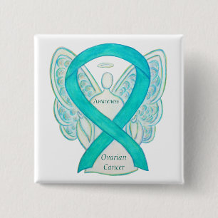 Badge Carré 5 Cm Cancer de l'ovaire Sensibilisation Turquoise Ruban