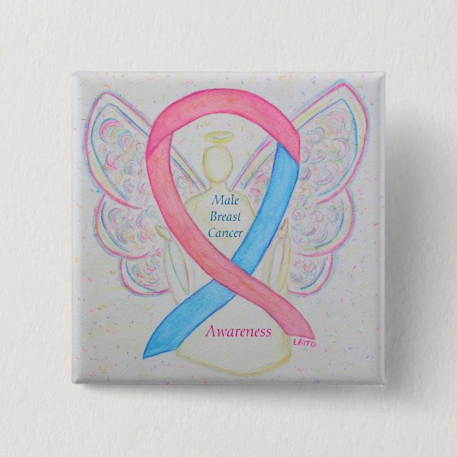 Badge Carré 5 Cm Cancer du sein masculin Ange Conscience rose Éping (Devant)