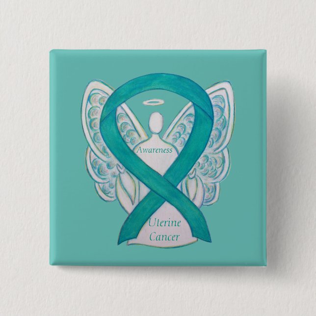 Badge Carré 5 Cm Cancer utérin Sensibilisation Turquoise Ruban Ange (Devant)