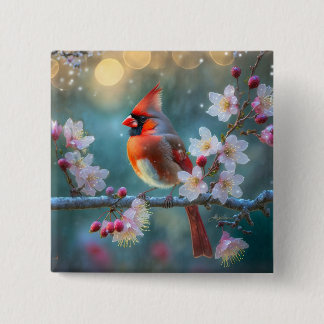 Badge Carré 5 Cm Cardinal masculin en fleurs de cerisiers au clair
