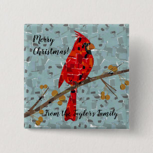Badge Carré 5 Cm Cardinal rouge, l'oiseau de Noël