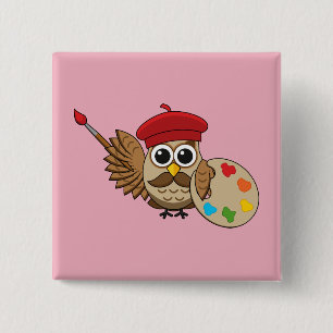 Badge Carré 5 Cm Caricature de Chouette Peintre Cute