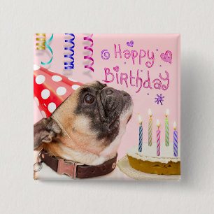 Badge Carré 5 Cm Carlin de fête et gâteau d'anniversaire