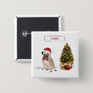 Badge Carré 5 Cm Carlin drôle Chien de Noël avec arbre