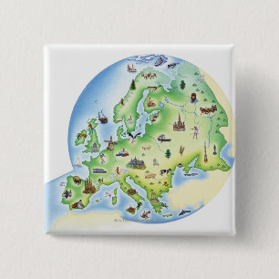 Badge Carré 5 Cm Carte de l'Europe avec des illustrations de célèbr