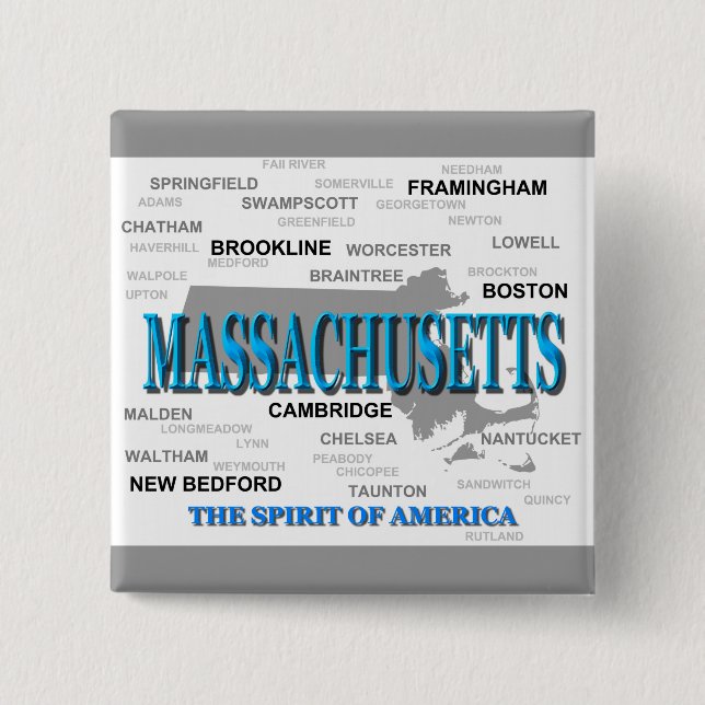 Badge Carré 5 Cm Carte des villes et villes du Massachusetts State  (Devant)