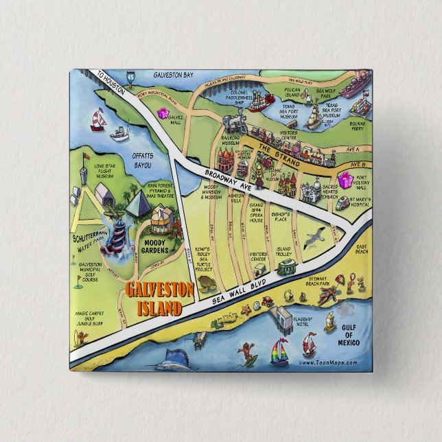 Badge Carré 5 Cm Carte du dessin animé Galveston Texas (Devant)