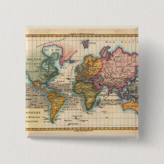 Badge Carré 5 Cm Carte du monde 1700s Antique (Devant)