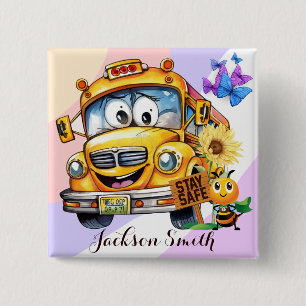 Badge Carré 5 Cm Cartoon Conducteur de bus scolaire Restez en sécur